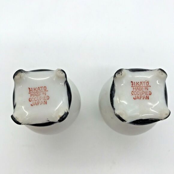 Pair Vintage Vase H KATO Miniature Footed Green Floral Occupied Japan Signed - Picture 8 of 9